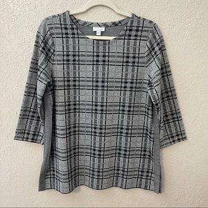 J Jill women’s grey plaid 3/4 sleeve tunic top, Medium
